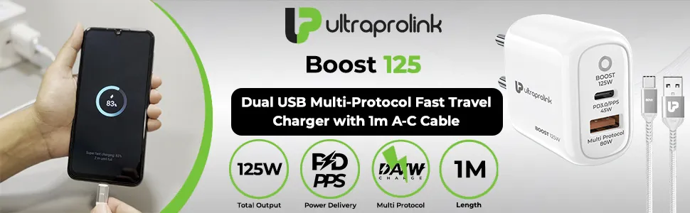 UltraProlink Boost 125W Dual USB Multi-Protocol Fast Travel Charger with A-C 1m Cable UM1134A overview 1