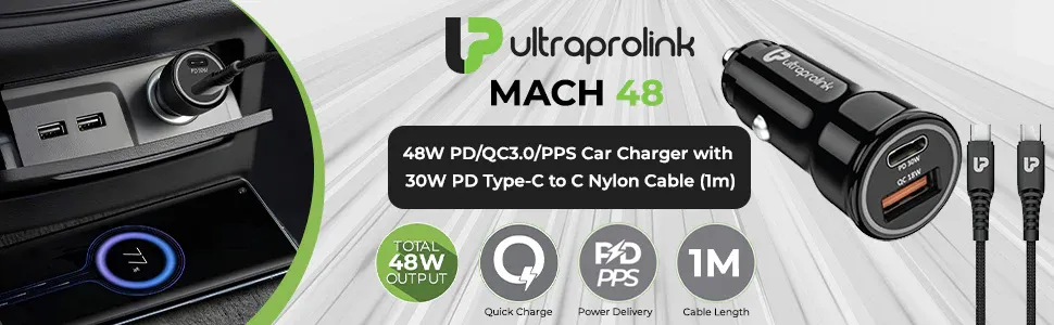 UltraProlink Mach 48 PD/QC3.0/PPS Car Charger (48W) with 1m C2C Cable (UM1157C) overview 1