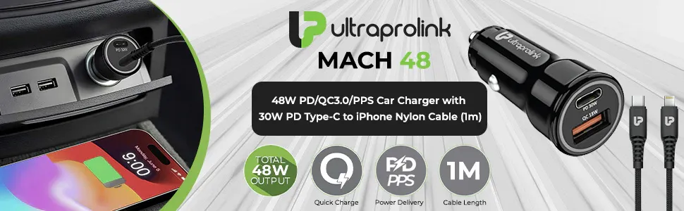 UltraProlink Mach 48 PD/QC3.0/PPS Car Charger (48W) with C2L Cable 1m (UM1157L) overview 1