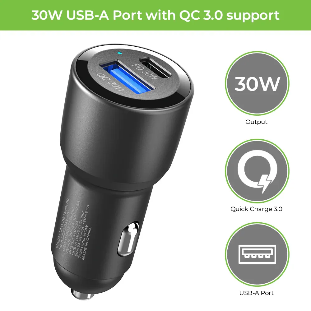 UltraProlink Mach 60 PD/QC3.0/PPS Car Charger with C2C Cable (60W) UM1158 overview 2