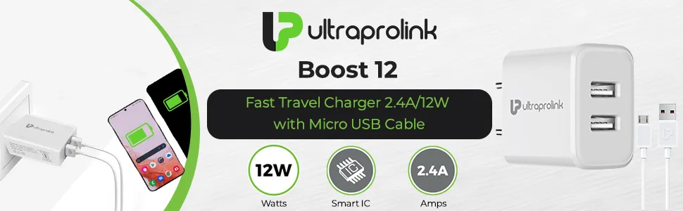 UltraProlink UM1156 2.4A/12W Dual USB Fast Charging Wall Charger/USB Travel Adapter| Boost12 |1m Micro USB Charging Cable | iPhone 15/14/13/12, Galaxy Series, Nothing Phone, Pixel Series UM1156 overview 1