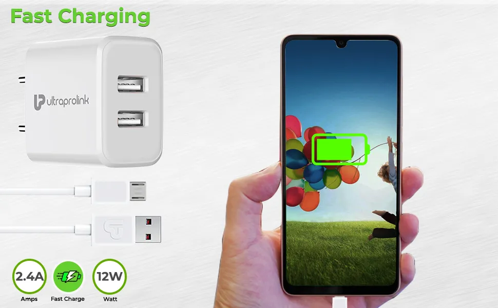 UltraProlink UM1156 2.4A/12W Dual USB Fast Charging Wall Charger/USB Travel Adapter| Boost12 |1m Micro USB Charging Cable | iPhone 15/14/13/12, Galaxy Series, Nothing Phone, Pixel Series UM1156 overview 2