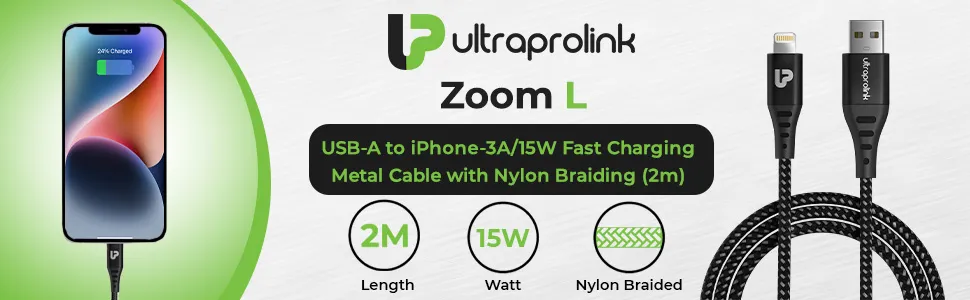 UltraProlink Zoom L USB-A to Lightning -3A/15W Fast Charging Cable (UL1068BLK-0200) overview 1