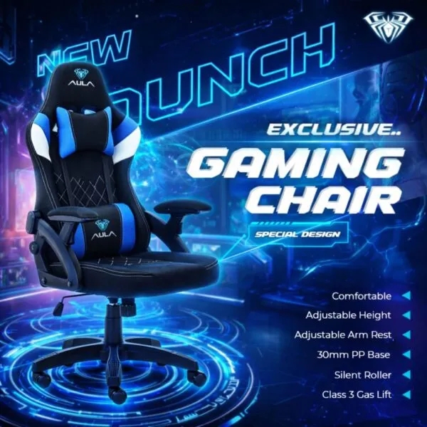 AULA F016 Ergonomic Premium Gaming & Computer Chair | Adjustable Nylon Armrests With Soft Pad | Locking-Tilt Function, Gas Lift Function | Black+Blue (F016BU) overview 1