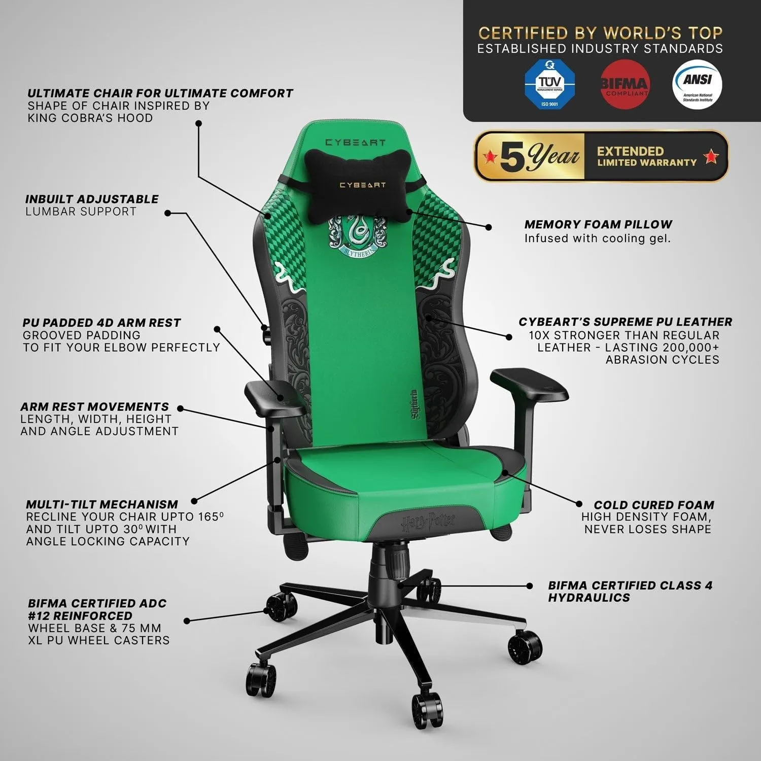Cybeart Slytherin Harry Potter Gaming Chair overview 7