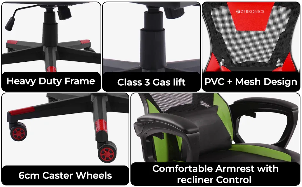 ZEBRONICS GC1400 Gaming Chair with 360° Swivels & Casters (Red) overview 4