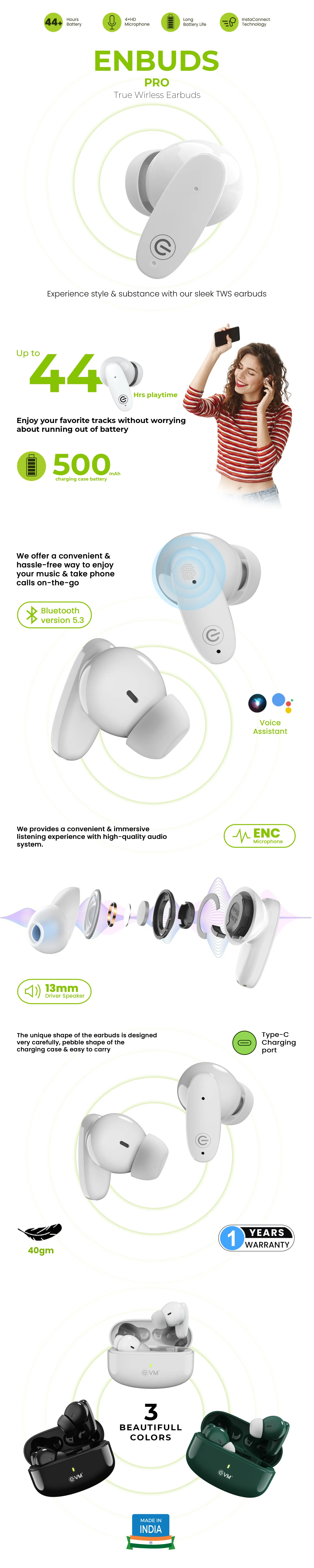 EVM EnBuds Pro TWS Bluetooth Headset - White overview 2