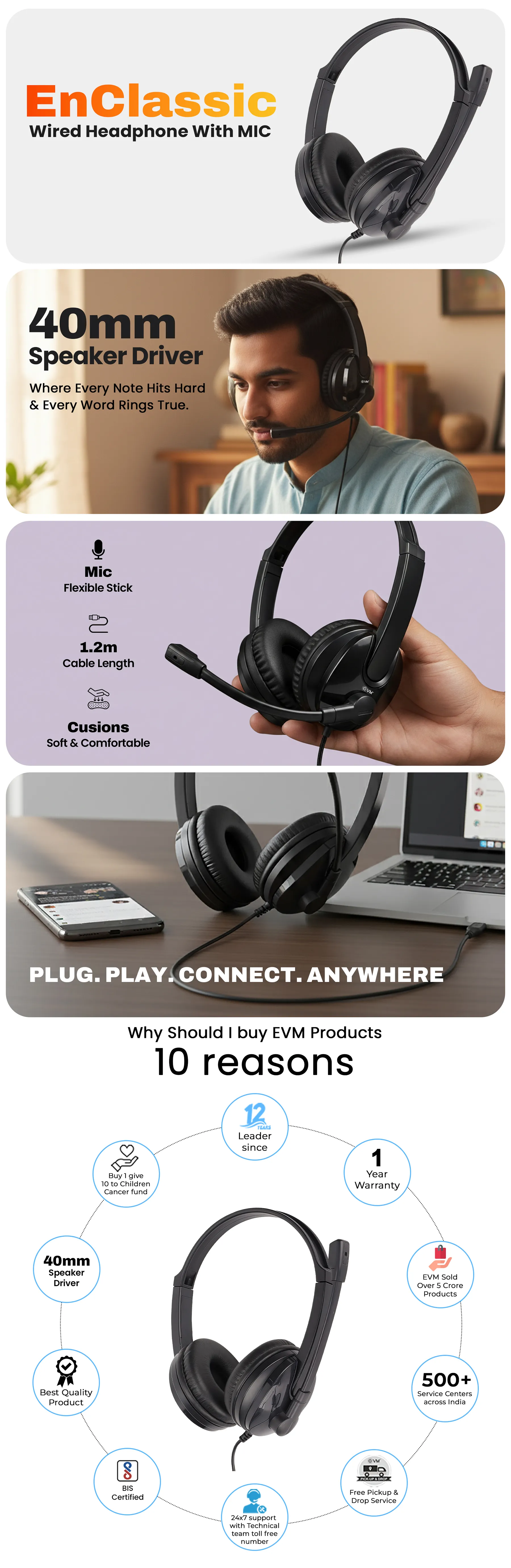 EVM EnClassic Wired Headphone with Mic (EVM-WDH-01) overview 1