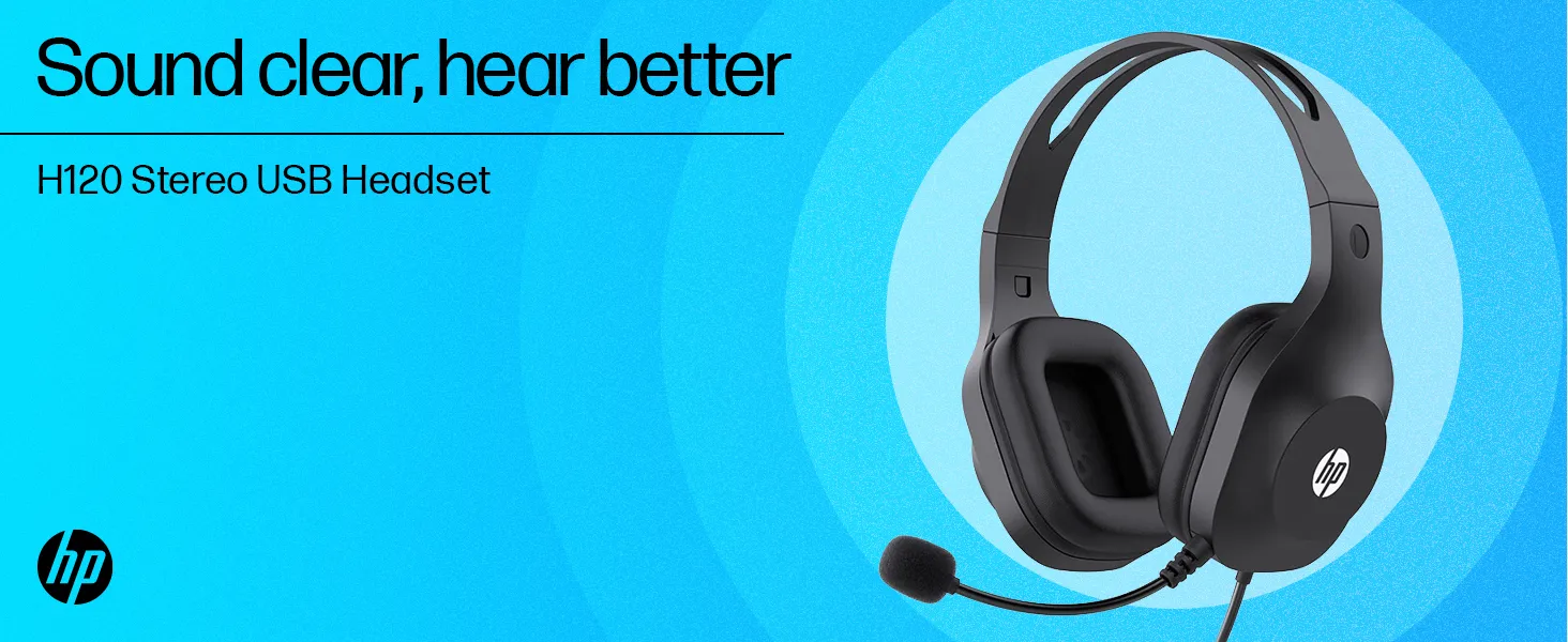HP H120 Stereo USB On Ear Headset, Plug-and-Play USB-A, Built-in Noise-Canceling Mic, Adjustable Head Strap, Padded Ear Cushions, 360-Degree Bendable Mic, 1-Year Limited Warranty, Black, 9Z4V9Aa overview 1