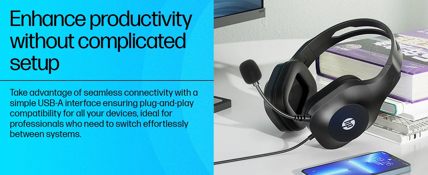HP H120 Stereo USB On Ear Headset, Plug-and-Play USB-A, Built-in Noise-Canceling Mic, Adjustable Head Strap, Padded Ear Cushions, 360-Degree Bendable Mic, 1-Year Limited Warranty, Black, 9Z4V9Aa overview 3