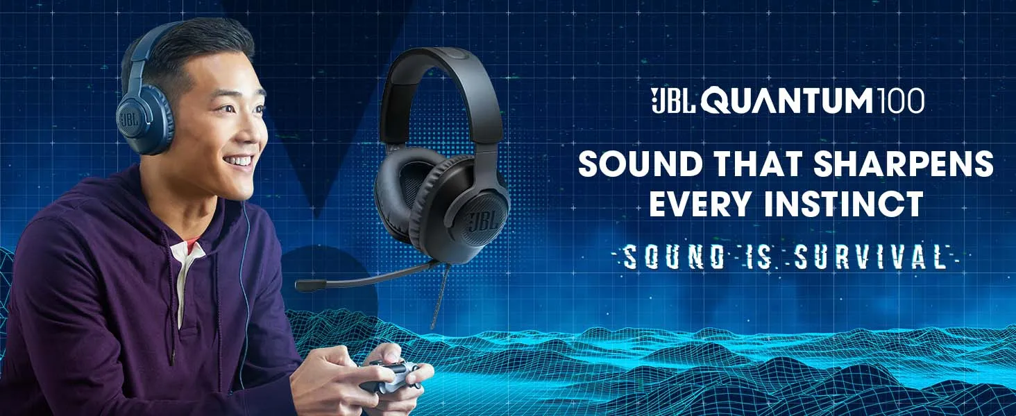 JBL Quantum 100, Wired Over Ear Gaming Headphones with mic, Blue overview 1