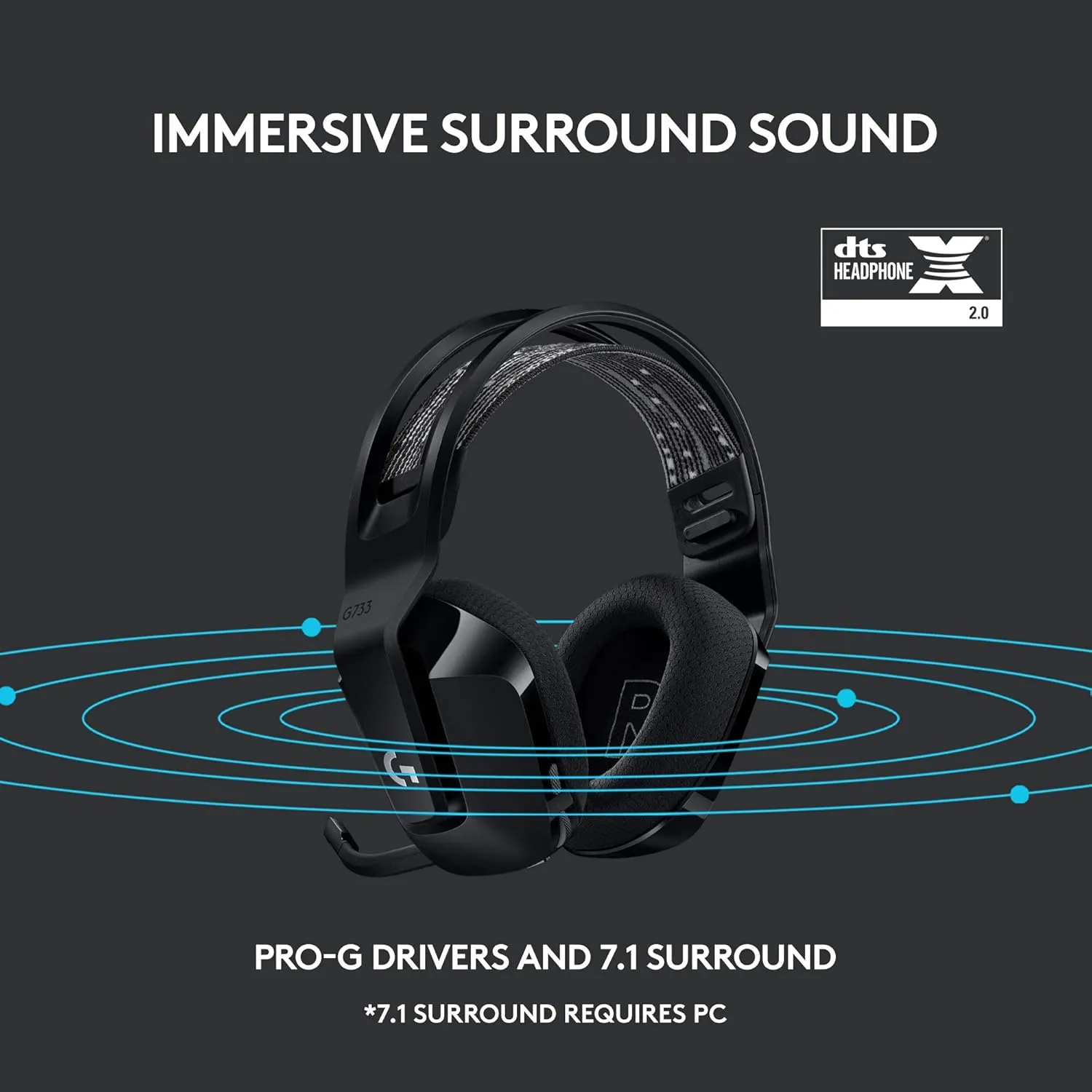Logitech G733 Lightspeed RGB Gaming Headset - Black overview 3