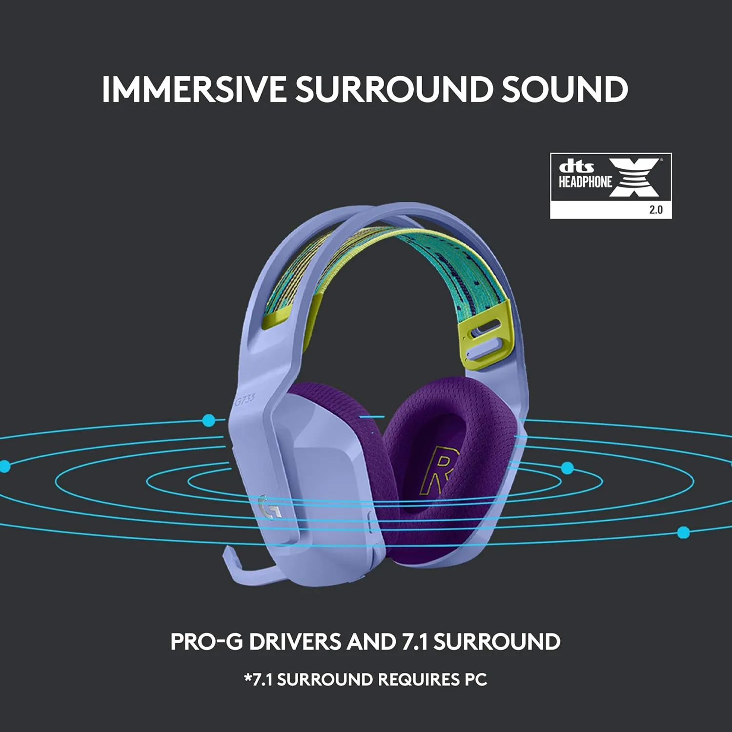 Logitech G733 Lightspeed RGB Gaming Headset - Lilac overview 3