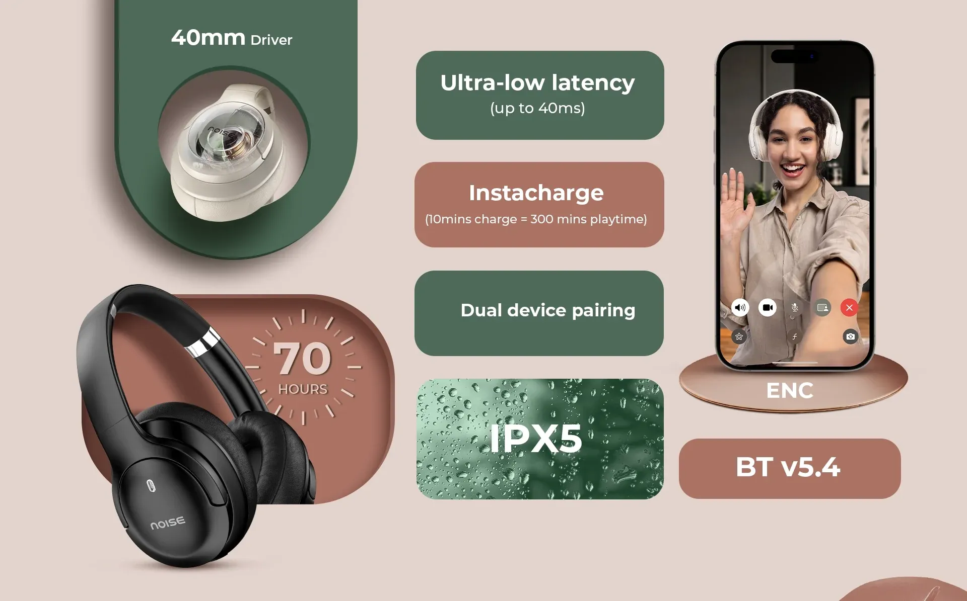 Noise Airwave Max 4 Wireless Over-Ear Headphones with 70H Playtime (Tropical Teal) overview 2