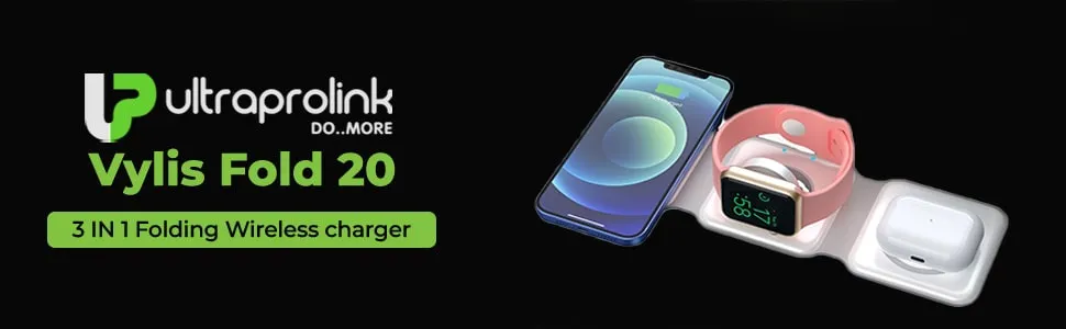 UltraProlink UM1006FW Magnetic Mag-Safe 3 in 1 Foldable 20W Wireless Fast Charger Vylis Fold 20 |with 18W Charger |15W Output for Phones,2.5W for Watch,5W for Airpods & Wireless Earbuds White overview 1