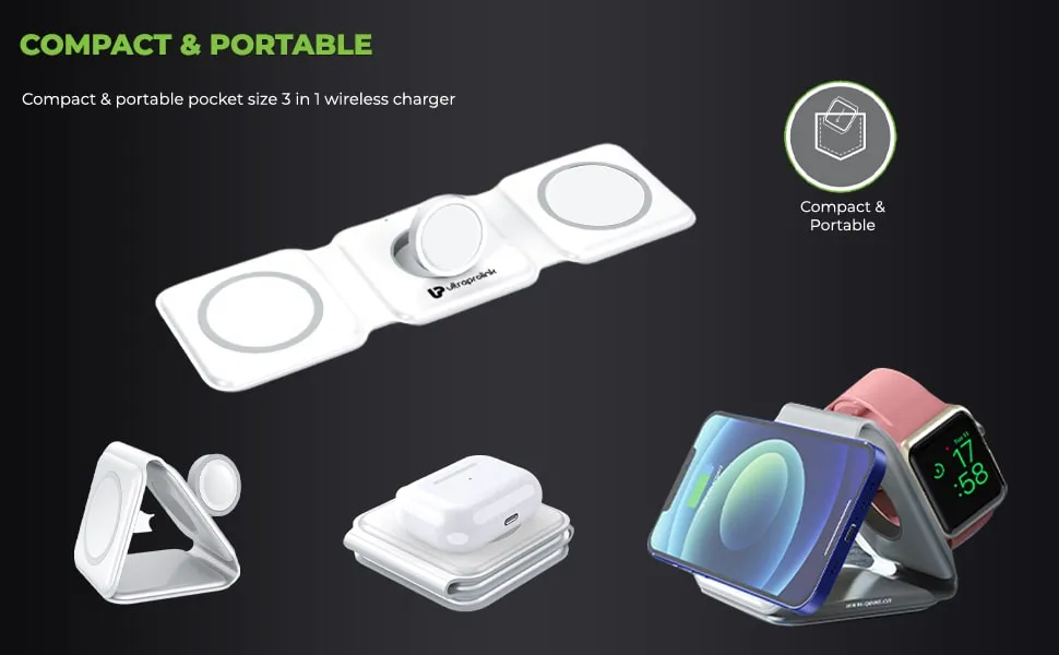 UltraProlink UM1006FW Magnetic Mag-Safe 3 in 1 Foldable 20W Wireless Fast Charger Vylis Fold 20 |with 18W Charger |15W Output for Phones,2.5W for Watch,5W for Airpods & Wireless Earbuds White overview 2