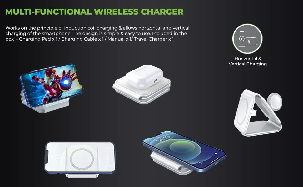 UltraProlink UM1006FW Magnetic Mag-Safe 3 in 1 Foldable 20W Wireless Fast Charger Vylis Fold 20 |with 18W Charger |15W Output for Phones,2.5W for Watch,5W for Airpods & Wireless Earbuds White overview 5