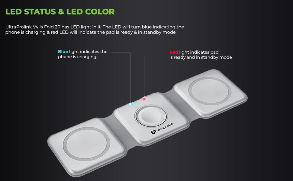 UltraProlink UM1006FW Magnetic Mag-Safe 3 in 1 Foldable 20W Wireless Fast Charger Vylis Fold 20 |with 18W Charger |15W Output for Phones,2.5W for Watch,5W for Airpods & Wireless Earbuds White overview 6