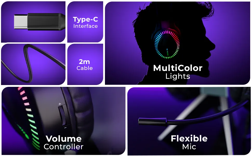 ZEBRONICS BLITZ C Dolby Atmos Gaming Headphone, 50mm Neodymium Drivers, Padded Headband, Lightweight & Comfortable, RGB Lights, Flexible Mic, Type-C Connector overview 5