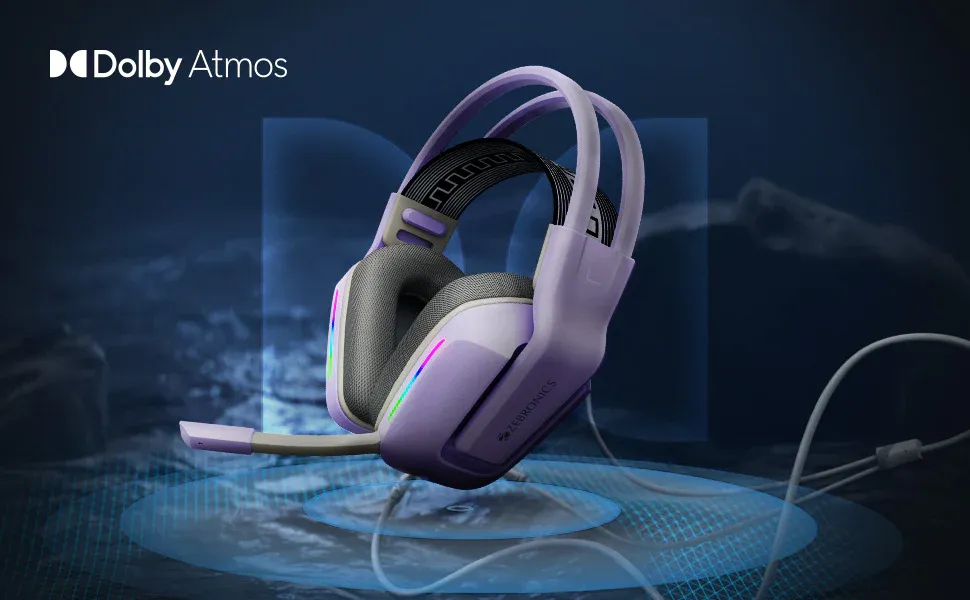 ZEBRONICS Havoc Premium Gaming Over Ear Headphone with Dolby Atmos Subscription, 50mm Neodymium Drivers, Extra Soft Ear Cushion, Suspension Headband,Braided Cable (Purple) overview 2