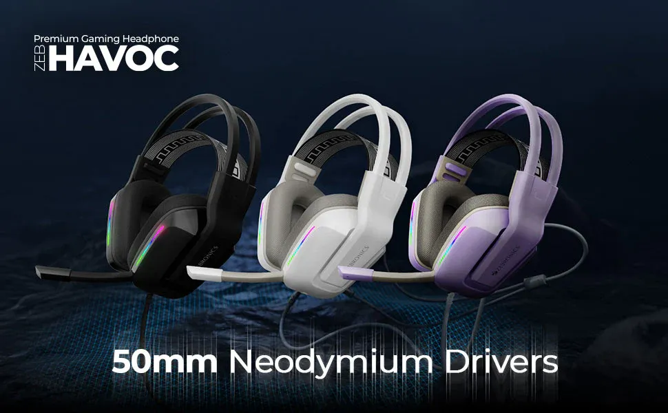 ZEBRONICS Havoc Premium Gaming Over ear Headphone with Dolby Atmos Subscription, 50mm Neodymium Drivers, Extra Soft Ear Cushion, Suspension Headband,Braided Cable (White) overview 1