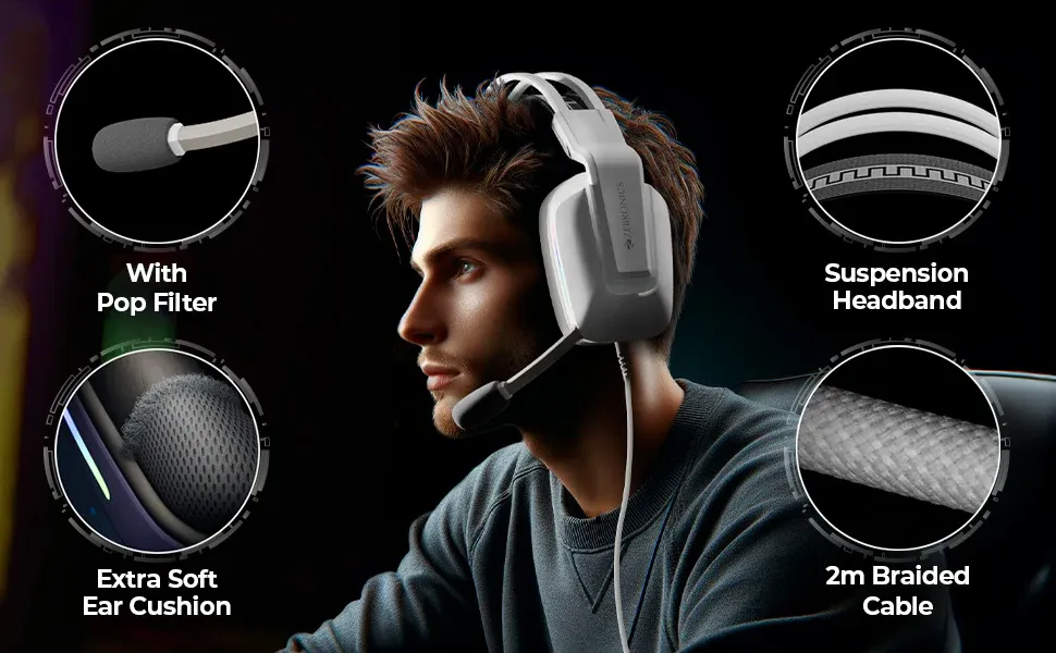 ZEBRONICS Havoc Premium Gaming Over ear Headphone with Dolby Atmos Subscription, 50mm Neodymium Drivers, Extra Soft Ear Cushion, Suspension Headband,Braided Cable (White) overview 3