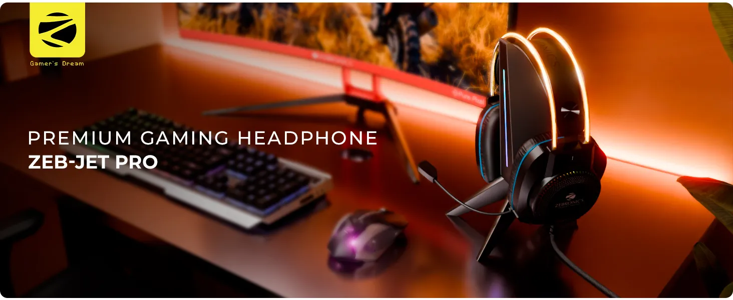 Zebronics Jet PRO Premium Wired Gaming On Ear Headphone with LED for Headband + earcups, 40mm Neodymium Drivers, 2 Meter Braided Cable, with mic, Suspension Design, 3.5mm + USB Connector (Black, Blue) overview 1