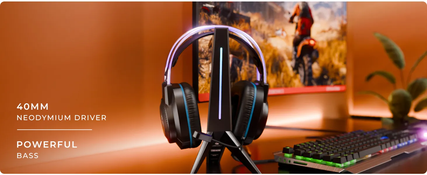 Zebronics Jet PRO Premium Wired Gaming On Ear Headphone with LED for Headband + earcups, 40mm Neodymium Drivers, 2 Meter Braided Cable, with mic, Suspension Design, 3.5mm + USB Connector (Black, Blue) overview 2