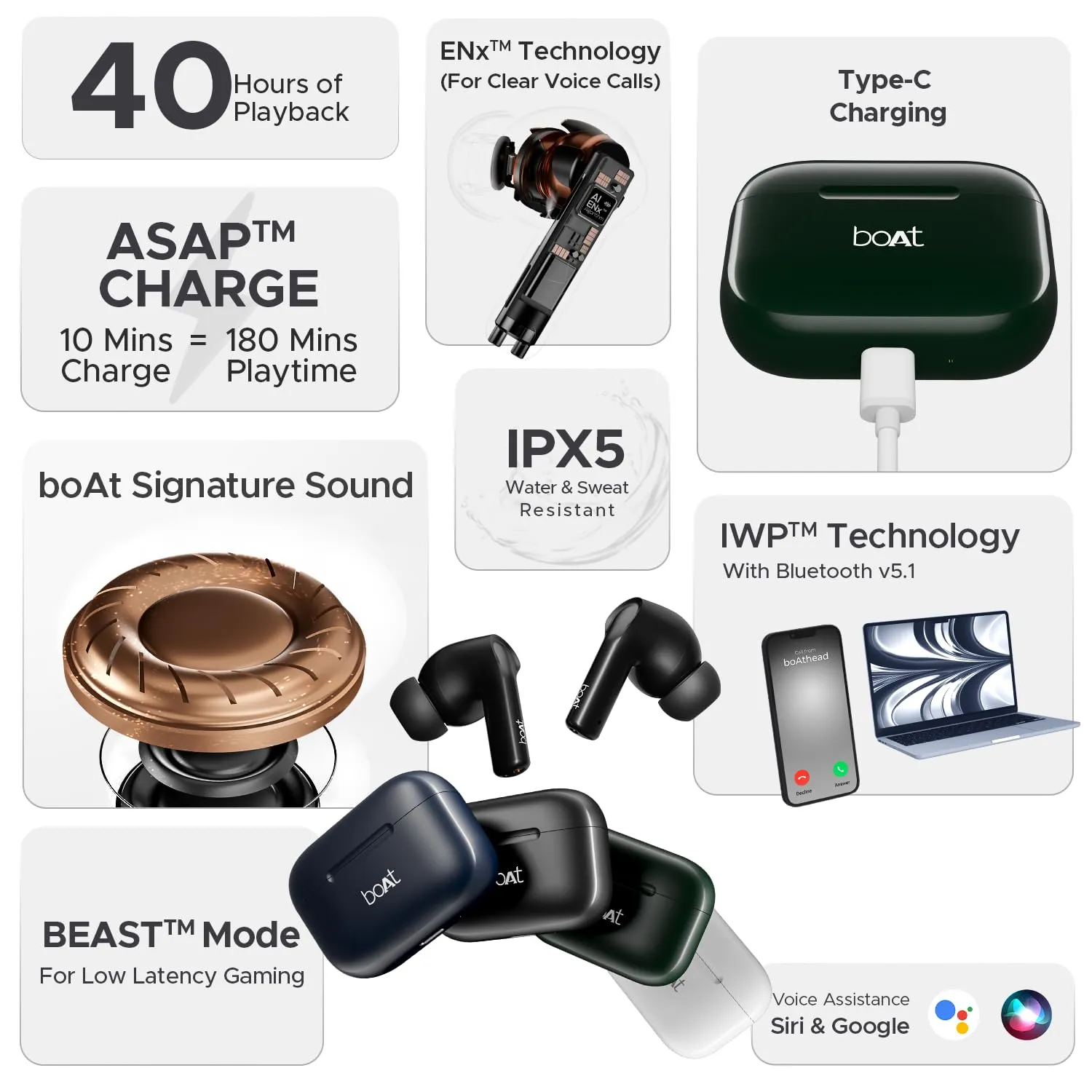 boAt Airdopes 163/161 in Ear Earbuds TWS with 40 HRS Battery (Pebble Black) overview 1