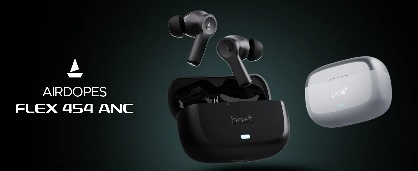 boAt Airdopes Flex 454 ANC, 60HRS Battery, ANC(~32dB), App Support, 4Mics ENx, Fast Charge, Dual Pairing, IPX5, v5.2 Bluetooth Earbuds, TWS Ear Buds Wireless Earphones with mic (Gunmetal Black) overview 1