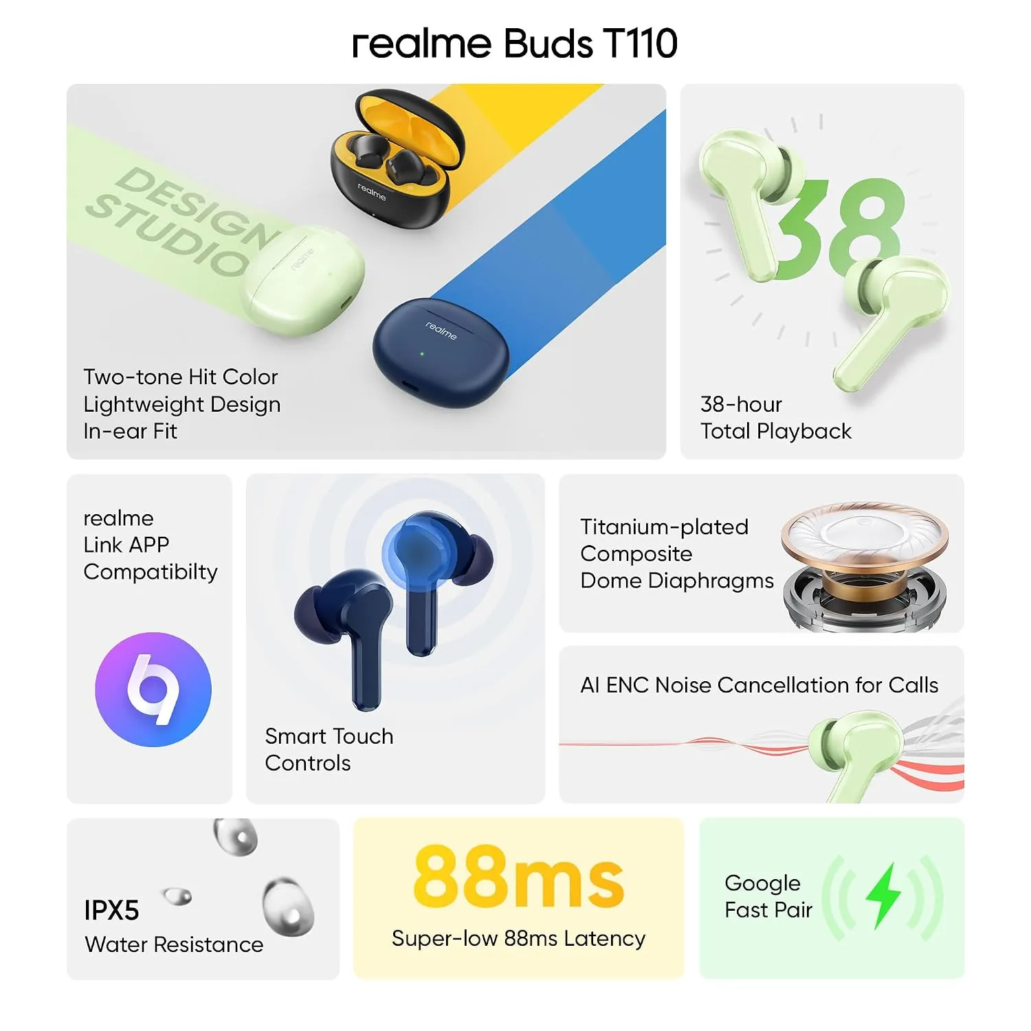 realme Earbuds T110 with Ai Enc for Calls, Upto 38 Hours of Playback and Fast Charging Bluetooth in Ear Headset (Country Green) overview 1