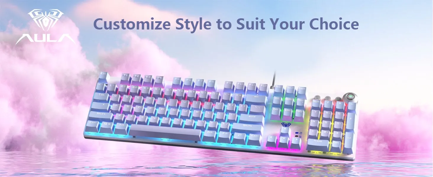 AULA F2088Pro Full Size USB Wired Mechanical Gaming Keyboard with Media Knob Purple (Red Switches F2088ProPr) overview 1