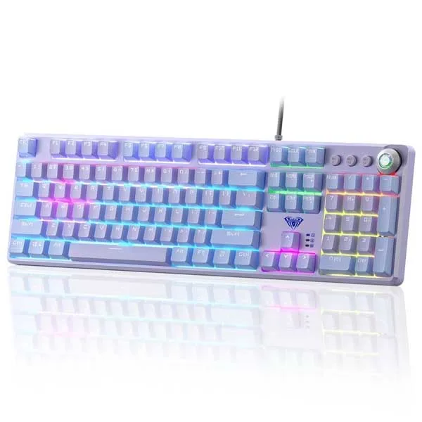 AULA F2088Pro Full Size USB Wired Mechanical Gaming Keyboard with Media Knob Purple (Red Switches F2088ProPr)