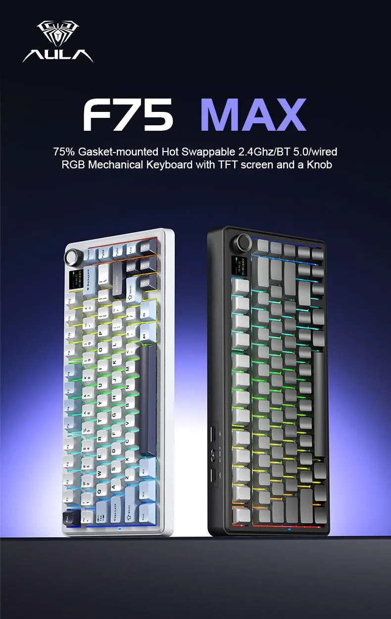 AULA F75 75% 3 in 1 Wireless Mechanical Gaming Keyboard With TFT Screen & Knob | F75Max Ice Blue, Reaper Switch (F75MaxIUR) overview 1
