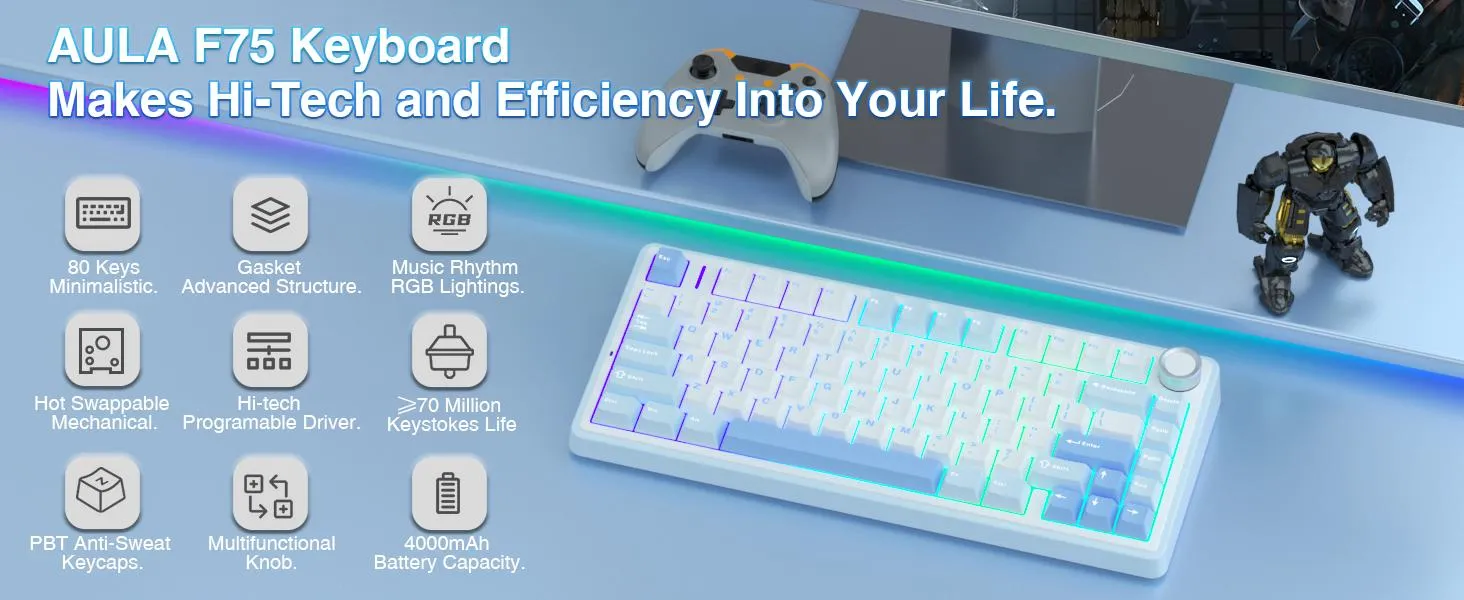 AULA F75 75% Wireless Mechanical Keyboard | Hot Swappable | Linear Switches | RGB Backlit | 2.4GHz/Type-C/Bluetooth Gaming Keyboard (Keyboard,Sea Blue+GrayWood Switch) overview 1