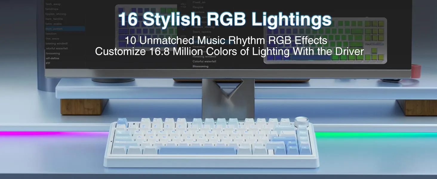 AULA F75 75% Wireless Mechanical Keyboard | Hot Swappable | Linear Switches | RGB Backlit | 2.4GHz/Type-C/Bluetooth Gaming Keyboard (Keyboard,Sea Blue+GrayWood Switch) overview 2