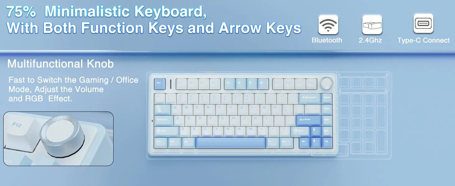 AULA F75 75% Wireless Mechanical Keyboard | Hot Swappable | Linear Switches | RGB Backlit | 2.4GHz/Type-C/Bluetooth Gaming Keyboard (Keyboard,Sea Blue+GrayWood Switch) overview 3
