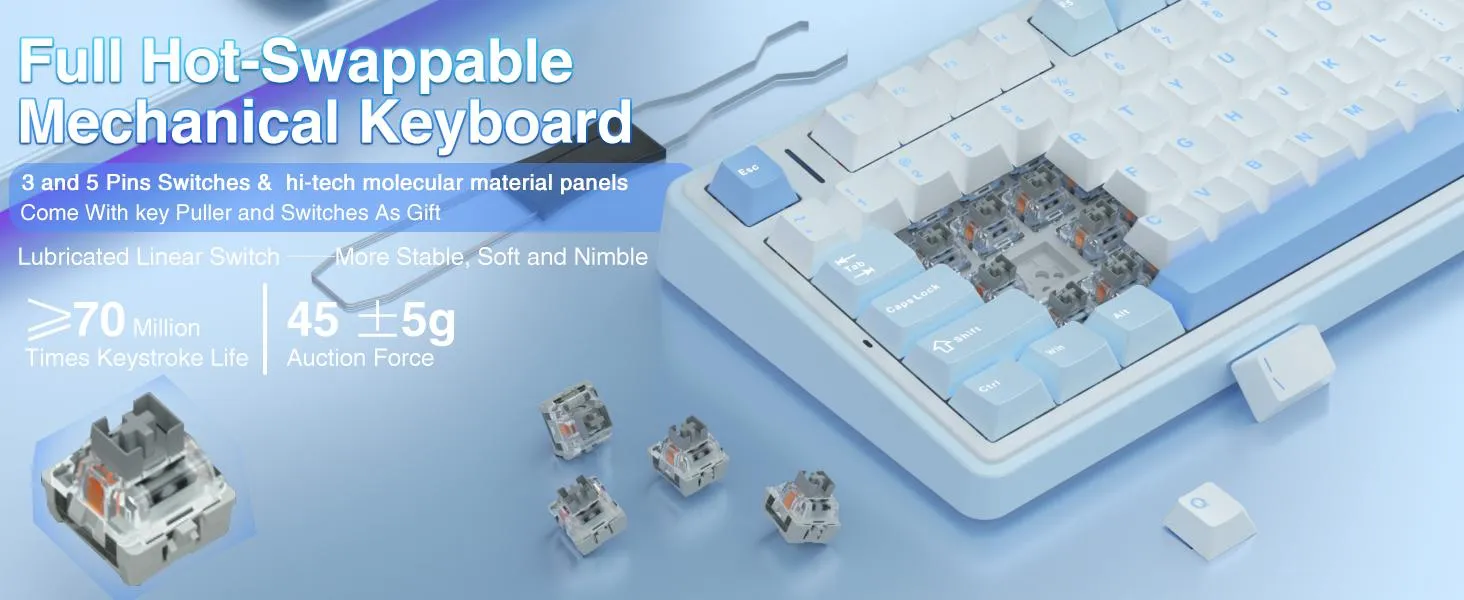 AULA F75 75% Wireless Mechanical Keyboard | Hot Swappable | Linear Switches | RGB Backlit | 2.4GHz/Type-C/Bluetooth Gaming Keyboard (Keyboard,Sea Blue+GrayWood Switch) overview 4