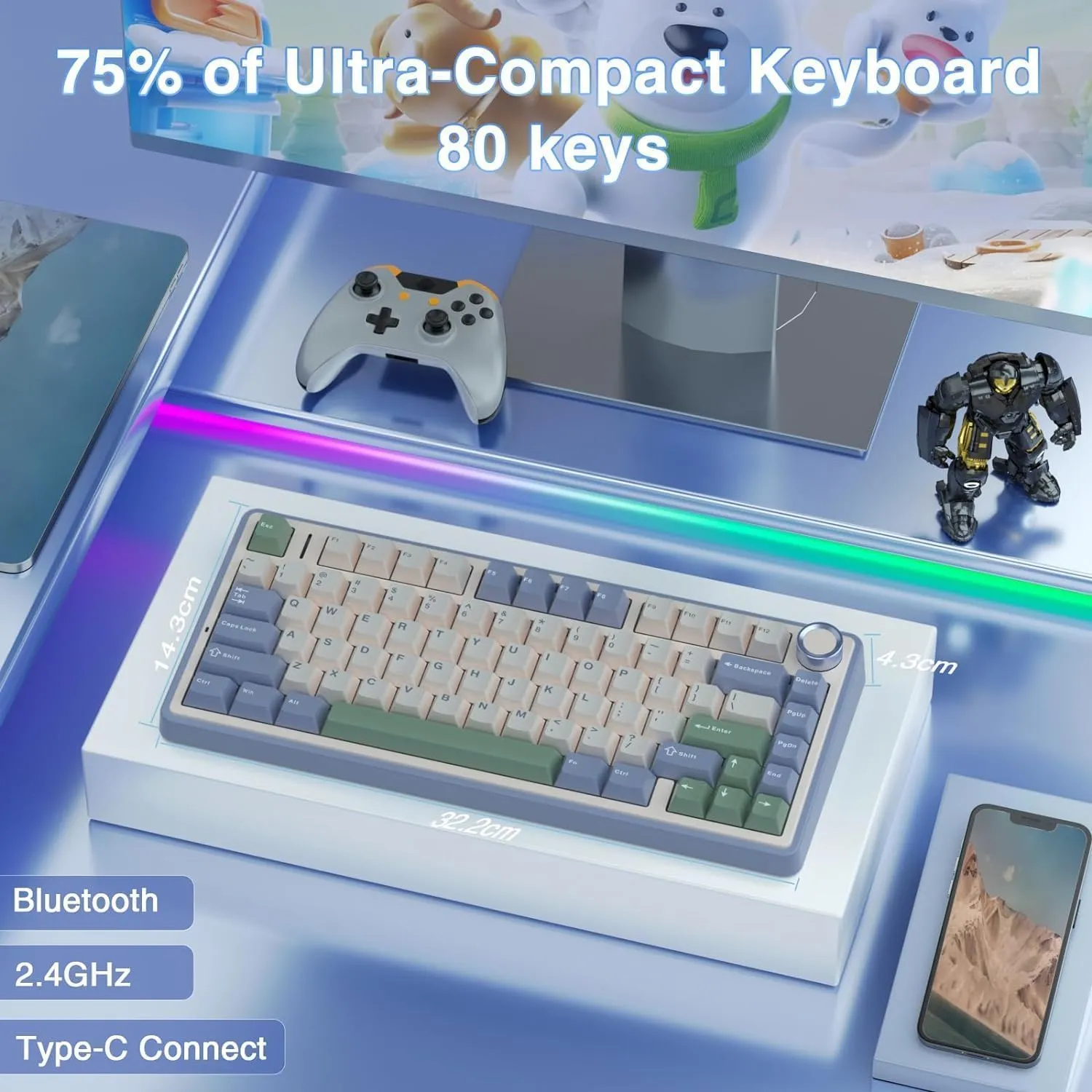 AULA F75 75% Wireless Mechanical Keyboard | Hot Swappable | Pre-lubed Linear Switches | RGB Backlit | 2.4GHz/Type-C/Bluetooth Gaming Keyboard (Cedar Green, Ice Vein Switch) overview 2