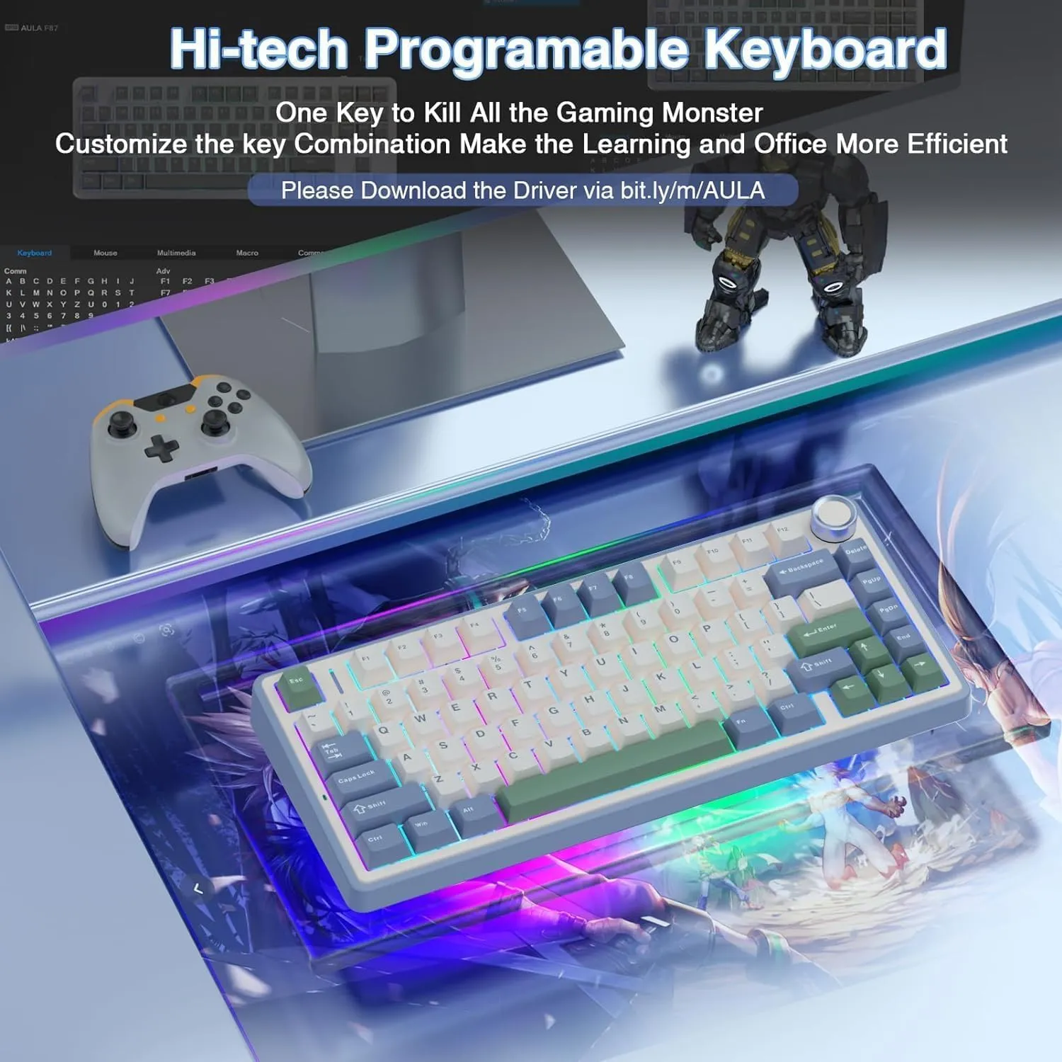 AULA F75 75% Wireless Mechanical Keyboard | Hot Swappable | Pre-lubed Linear Switches | RGB Backlit | 2.4GHz/Type-C/Bluetooth Gaming Keyboard (Cedar Green, Ice Vein Switch) overview 4