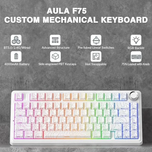 AULA F75 75% Wireless Trio Mode Mechanical Gaming Keyboard With Knob White Contour, Star-Vector (Seiya) Switch (F75WCS) overview 1
