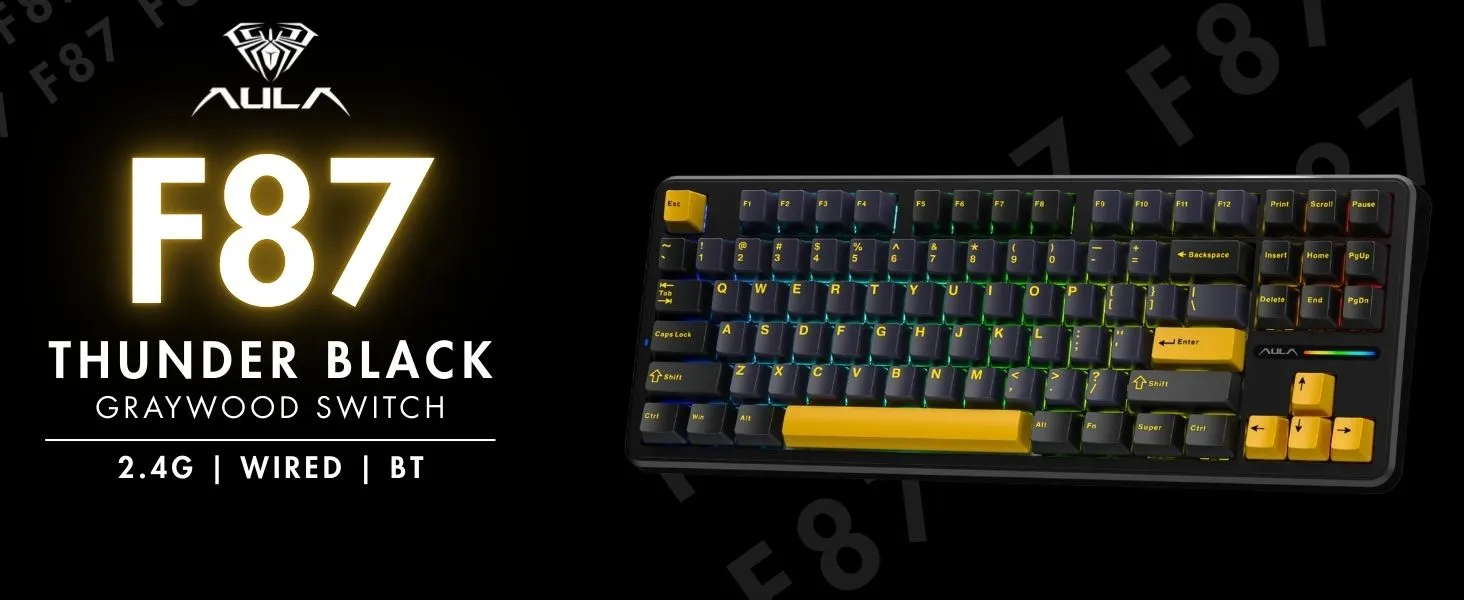 AULA F87 Wireless RGB Mechanical Gaming Keyboard | Tri Mode 2.4GHz/Type-C/BT 75% Gasket TKL Custom Hot Swappable Keyboard (Thunder Black | Graywood Switch) overview 1