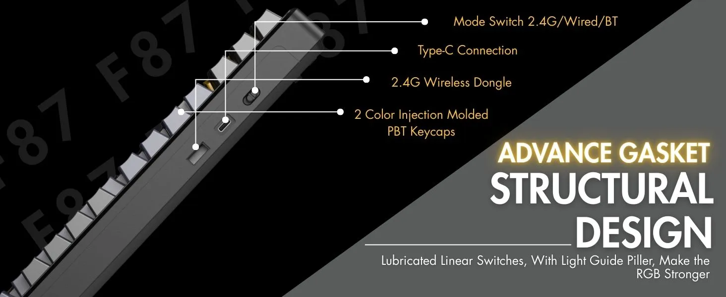AULA F87 Wireless RGB Mechanical Gaming Keyboard | Tri Mode 2.4GHz/Type-C/BT 75% Gasket TKL Custom Hot Swappable Keyboard (Thunder Black | Graywood Switch) overview 3