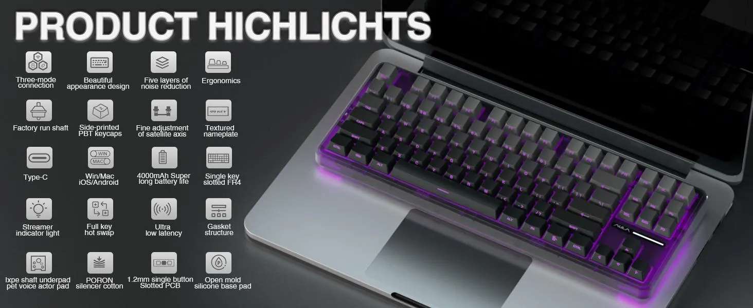 AULA F87 Wireless Side Engraved Keycaps Mechanical Keyboard | Tri-Mode BT5.0/2.4GHz/USB-C Gasket Hot Swappable | Pre-lubed Switches, 75% TKL RGB Gaming Keyboard (Gradient Gray, Space Crystal Switch) overview 1