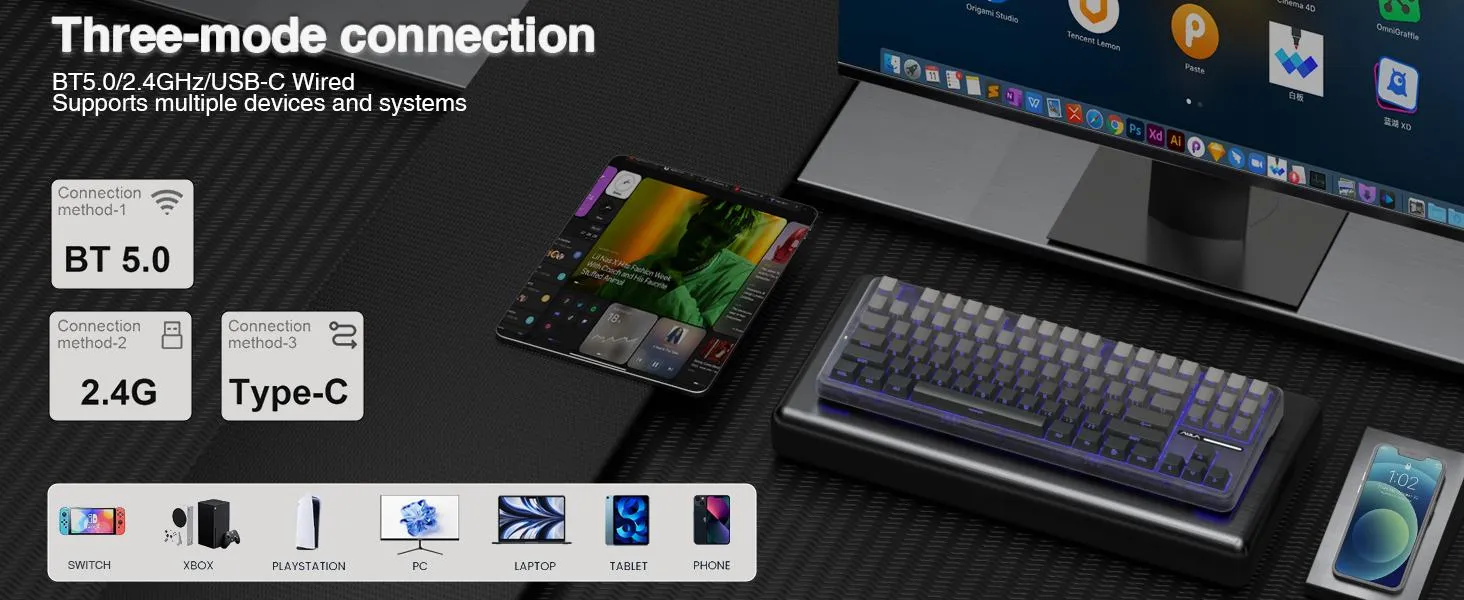 AULA F87 Wireless Side Engraved Keycaps Mechanical Keyboard | Tri-Mode BT5.0/2.4GHz/USB-C Gasket Hot Swappable | Pre-lubed Switches, 75% TKL RGB Gaming Keyboard (Gradient Gray, Space Crystal Switch) overview 2