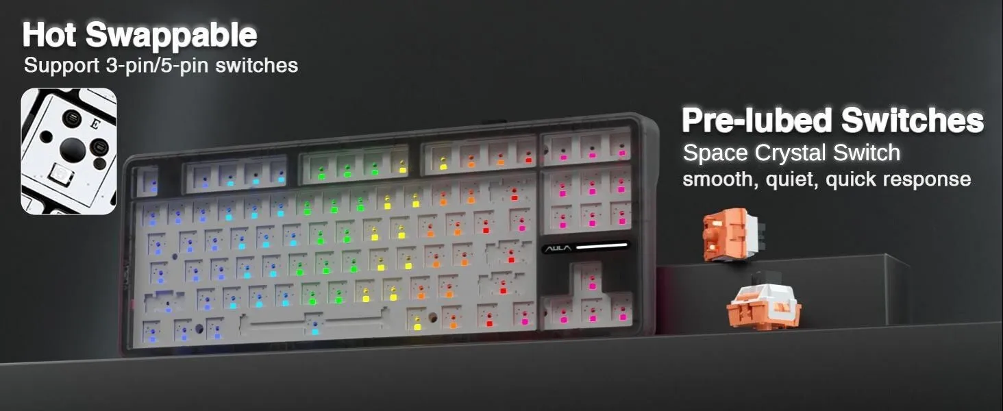 AULA F87 Wireless Side Engraved Keycaps Mechanical Keyboard | Tri-Mode BT5.0/2.4GHz/USB-C Gasket Hot Swappable | Pre-lubed Switches, 75% TKL RGB Gaming Keyboard (Gradient Gray, Space Crystal Switch) overview 4