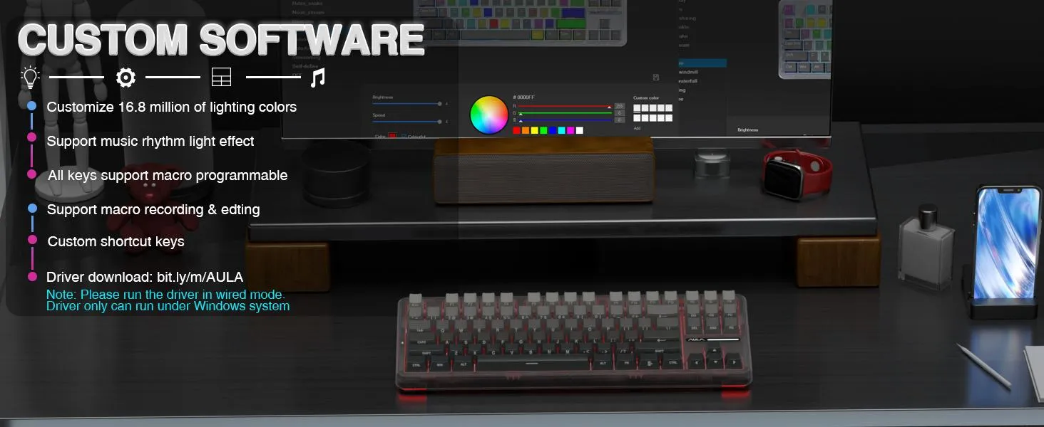 AULA F87 Wireless Side Engraved Keycaps Mechanical Keyboard | Tri-Mode BT5.0/2.4GHz/USB-C Gasket Hot Swappable | Pre-lubed Switches, 75% TKL RGB Gaming Keyboard (Gradient Gray, Space Crystal Switch) overview 5