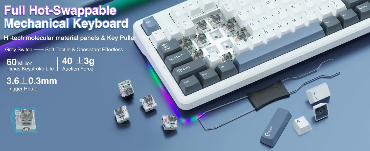 AULA F87 Wireless Trio Mode Mechanical Gaming Keyboard (Smoke Blue, GrayWood Switch) overview 2