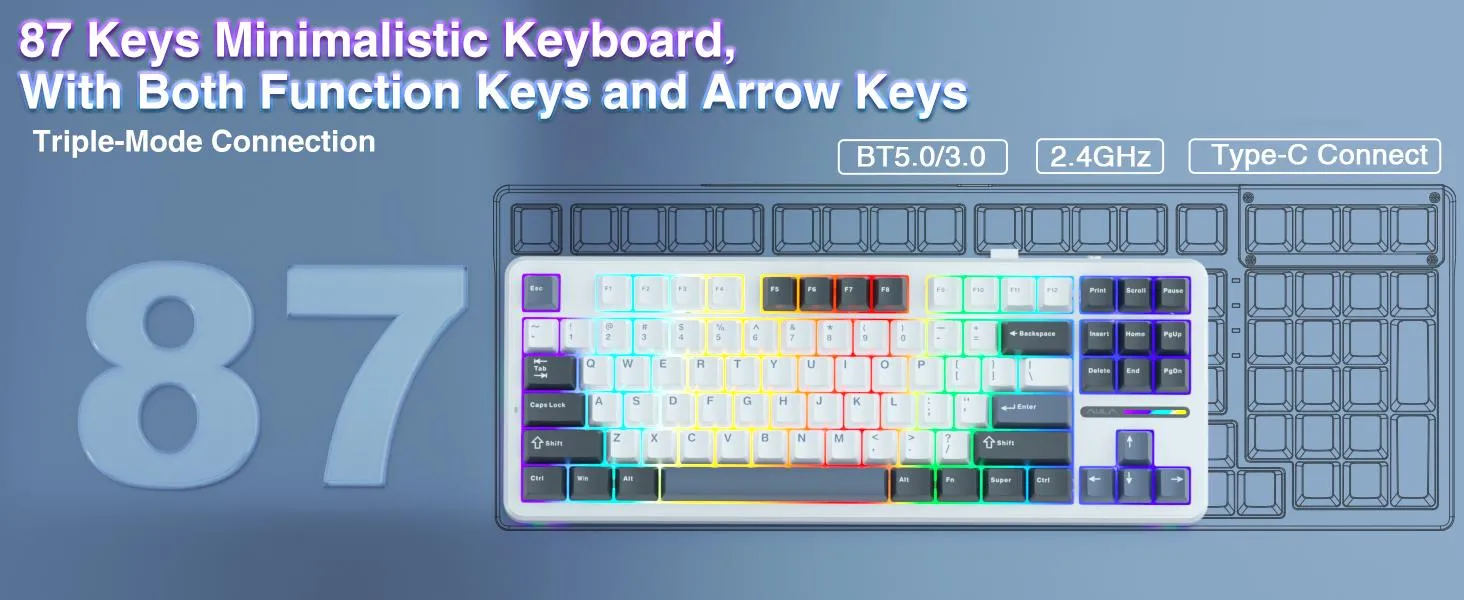 AULA F87 Wireless Trio Mode Mechanical Gaming Keyboard (Smoke Blue, GrayWood Switch) overview 4