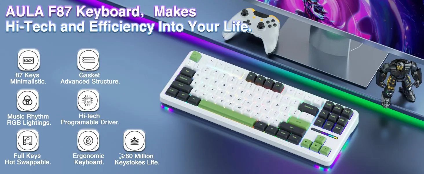 AULA F87 Wireless Trio Mode Mechanical Gaming Keyboard | 3 in One Gasket Hot Swappable Gray Wood V3 Switch Keyboard | RGB Backlit Gaming Keyboard | 2.4GHz/Type-C/Bluetooth Mechanical Keyboard (Green + White – Gray Wood Switch V3) overview 1